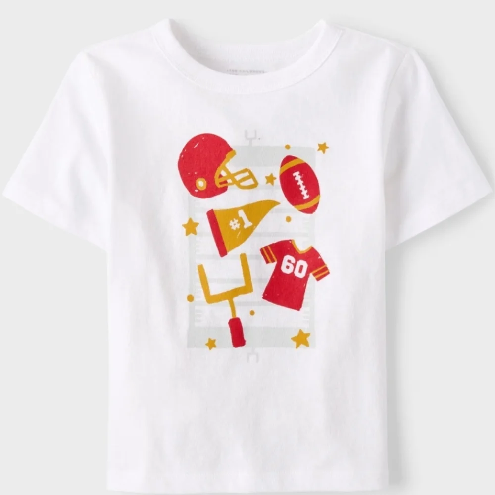 The Children's Place White Tee with Red and Yellow Football Graphic NWT